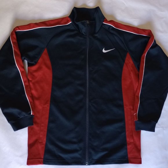 Nike Jacket Men M DARK BLUE RED zipper Long Sleeve Collar Fit Dry Pockets USED - Picture 1 of 8